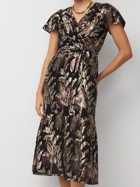 White House Black Market Black Metallic Floral Wrap Midi Dress